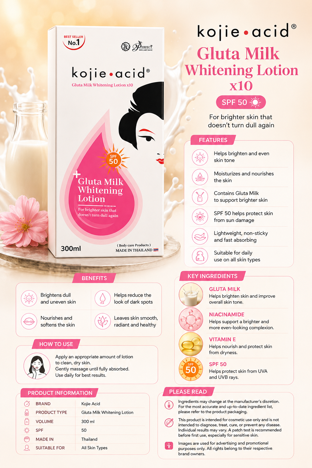 Kojie Acid Gluta Milk Whitening Lotion x10 SPF 50